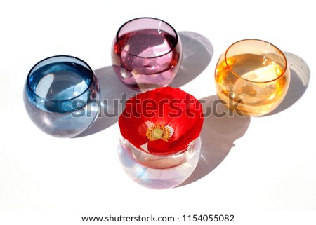 Four round multi-colored glasses with water on a white table  background isolated closeup top view and red poppy flower with beautiful shadows in bright sun light