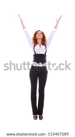 picture of a very happy business woman with hands up over white background