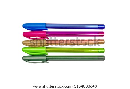 A set of colored gel ballpoint pens. lime, orange, pink, blue, green with caps. Isolated on white.