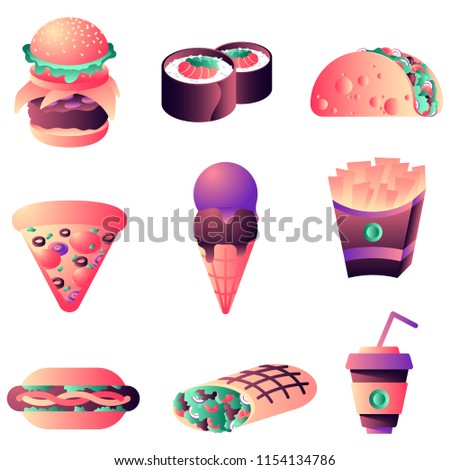 Modern icons set. Vector illustration. Fast food concept in gradient style. Digital art. Graphic design. 10 EPS