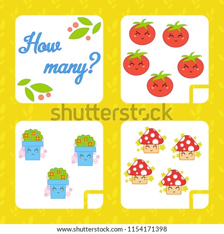 Counting game for preschool children for the development of mathematical abilities. Count the number of objects in the picture. With a place for answers. Simple flat isolated vector illustration