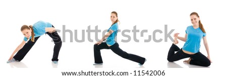 The three young woman doing exercise isolated on a white background