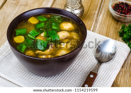 Vegetable broth with champignons and spring onions in brown bowl. Studio Photo