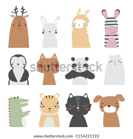 Set of cute cartoon animals. Vector hand drawn illustration.