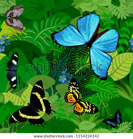 Seamless vector south american tropical rainforest jungle background with butterflies