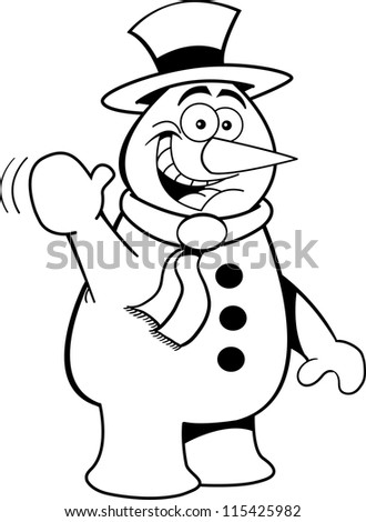 Black and white illustration of a snowman waving.
