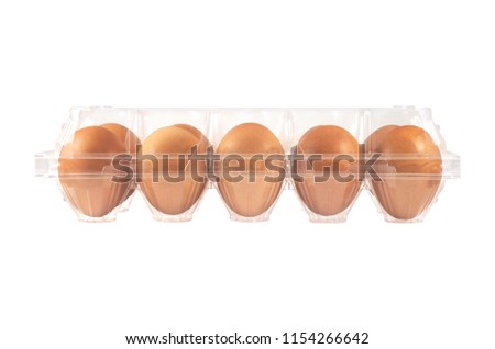 Transparent egg container isolated on white background without shadow. Side view egg plastic tray.