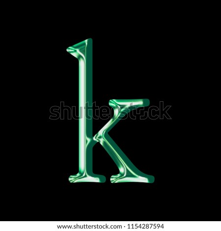 Shiny green glass letter K (lowercase) in a 3D illustration with a smooth reflective shiny surface in an antique bookletter font style isolated on a black background with clipping path