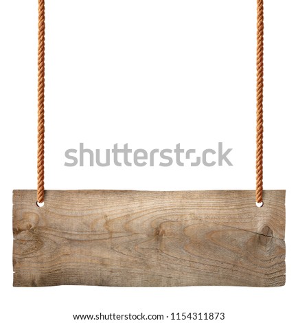 wooden blank sign hanging with chain and rope on white background