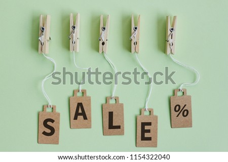 Brown cardboard price tags with sign sale hanging on wooden clothes clips on pastel green background