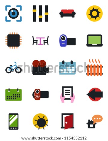 Color and black flat icon set - cafe vector, left arrow, notebook pc, document, calendar, sun, bike, settings, video camera, mobile, cushioned furniture, heater, chip, eye scan, door, home message