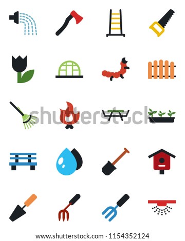 Color and black flat icon set - trowel vector, garden fork, shovel, fence, rake, ladder, watering, saw, fire, seedling, water drop, axe, bench, greenhouse, caterpillar, picnic table, bird house