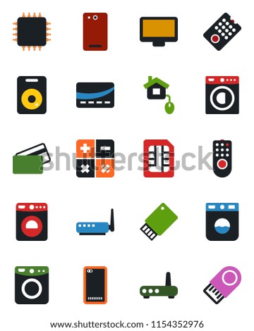 Color and black flat icon set - washer vector, calculator, monitor, speaker, phone back, sim, credit card, home control, chip, remote, router, usb flash
