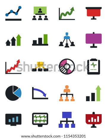 Color and black flat icon set - growth statistic vector, hierarchy, presentation board, monitor, circle chart, pulse, clipboard, bar graph, pie, point, arrow up, crisis