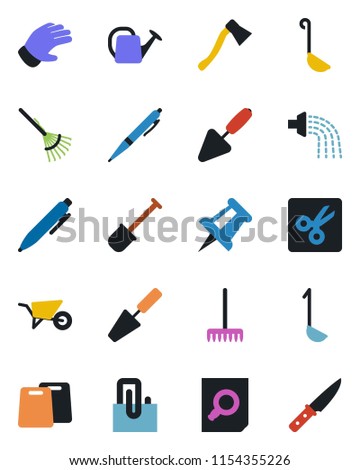 Color and black flat icon set - document search vector, pen, drawing pin, trowel, shovel, rake, watering can, wheelbarrow, glove, axe, cut, paper clip, ladle, cutting board, knife