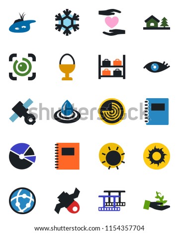 Color and black flat icon set - radar vector, luggage storage, sun, heart hand, eye, satellite, film frame, network, id, copybook, pie graph, house with tree, pond, egg stand, snowflake, water