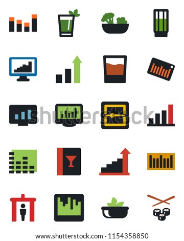 Color and black flat icon set - security gate vector, growth statistic, monitor, barcode, equalizer, scanner, statistics, bar graph, wine card, drink, phyto, salad, sushi