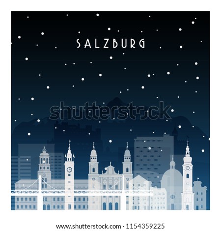 Winter night in Salzburg. Night city in flat style for banner, poster, illustration, background.