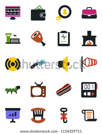Color and black flat icon set - wind vector, airport building, case, caterpillar, monitor pulse, clipboard, no hook, stopwatch, client search, children room, fireplace, tv, bacon, ham, knife, sound