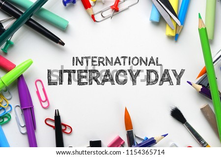 International Literacy Day. School Stationary Top View Royalty-Free Stock Photo #1154365714