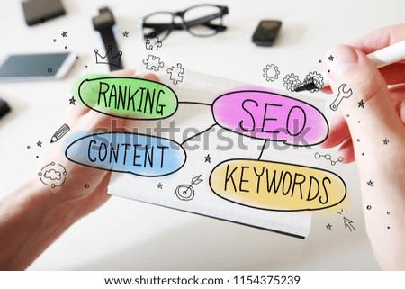SEO concept with man writing in a notebook