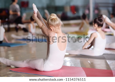 a group of children in a ballet school or in a gymnastics section on carimat rugs perform exercises