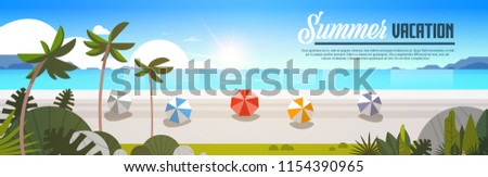 sunrise tropical palm beach balls view summer vacation seaside sea ocean flat banner horizontal copy space vector illustration