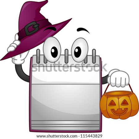 Mascot Illustration Featuring a Calendar Holding a Witch Hat and a Candy Bag