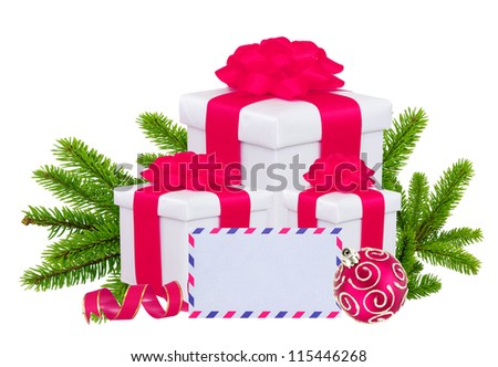 Christmas Gift Boxes, Decoration Balls and Tree Branch isolated on white