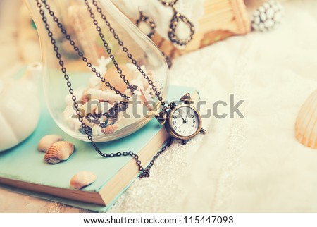 Vintage background with watch. Romantic photo