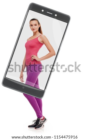 young healthy sporty woman on smartphones screen. conceptual collage with device