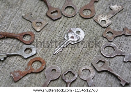 collection of a variety of old keys and a heart with a heart. The secret behind the wooden doors. Creative decorative background for design. Retro style