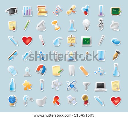 Sticker button set. Icons for science, medicine and education. Raster version.
