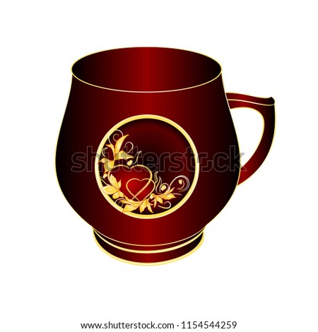 Mug  of black and red porcelain  gold ornament heart   and leaves on a white background vintage vector illustration editable hand draw