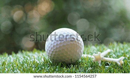 Close up white golf ball on green grass. Golf sports background.