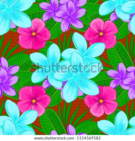Vector seamless floral pattern with plumeria flowers and leaves in blue, green and magenta colors.