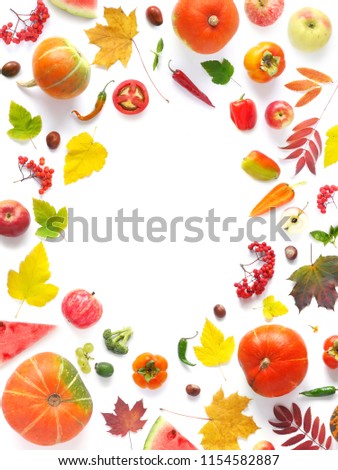 Frame of autumn yellow, orange and red maple leaves, vegetables and fruits isolated on white background, top view, flat layout. Creative pattern, autumn background. Pumpkins on a white background.