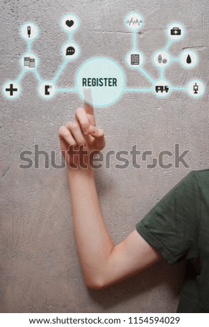 Man hand pressing register button on virtual medical icon interface to sign up as patient for consultation or appointment to doctor on grunge background with copy space for text. Mobile healthcare and