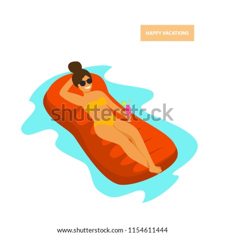 cute girl sunbathing on inflatable mattress in the swimming pool 