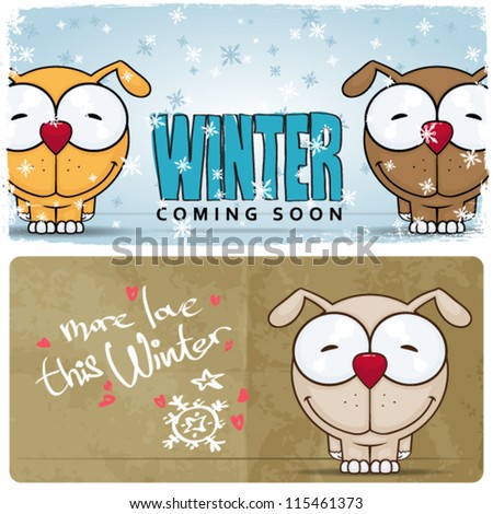 Winter vector card with funny cartoon dog and text.