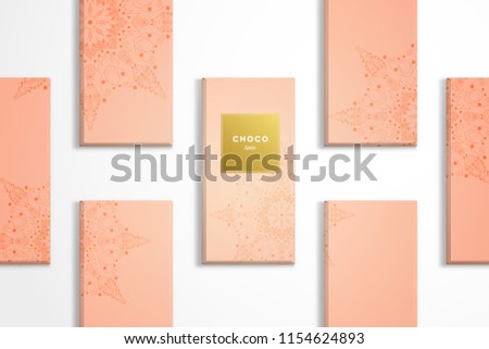 Vector template. Chocolate bars with golden frames. Round patterns on pink backdrop. 