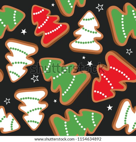 Gingerbreads, biscuits hand drawn overlapping background. Colorful seamless pattern vector with food. Decorative cute wallpaper, good for printing. Christmas trees, stars. Happy New Year