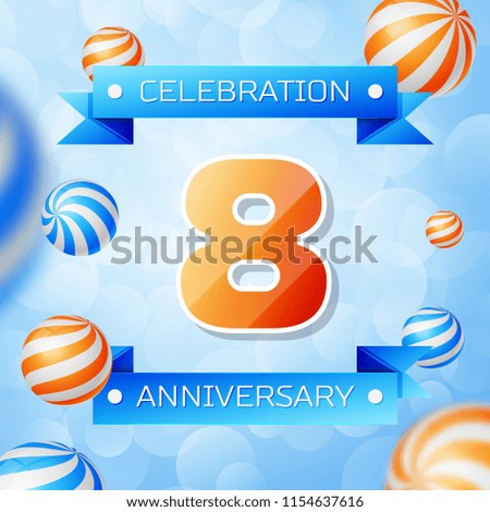 Realistic Eight Years Anniversary Celebration design banner. Gold numbers and blue ribbons, balloons on blue background. Colorful Vector template elements for your birthday party