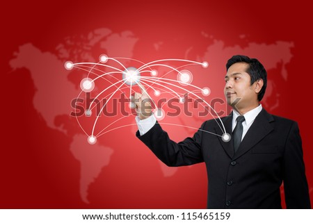 Businessman pressing modern social network on a virtual background