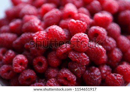 Ripe red raspberries in close up. Delicious fresh vitamin food for healthy nutrition