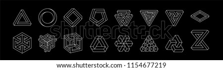 Set of impossible shapes. Optical Illusion. Vector Illustration isolated on white. Sacred geometry. White lines on a black background. Royalty-Free Stock Photo #1154677219