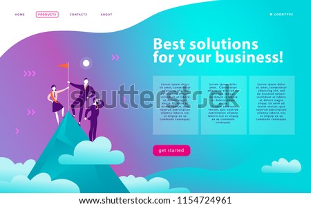 Vector web page design template - business solutions, consulting, marketing, support concept. People standing on mountain peak with winner flag. Success team work. Landing page. Mobile app, web banner Royalty-Free Stock Photo #1154724961