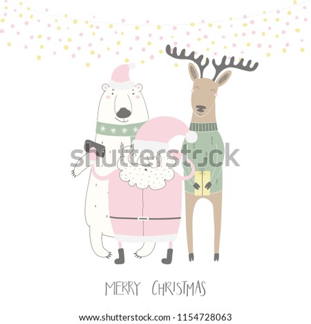Hand drawn vector illustration of a cute funny Santa Claus, polar bear, deer taking selfie, with quote Merry Christmas. Isolated objects on white background. Flat style design. Concept card, invite.