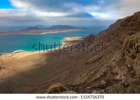 Beautiful seascape of Lanzarote island from top view, Canary islands, Spain. Nature background