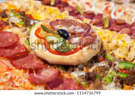 very large pizza, burger, patty, second course in the restaurant, fast food, food, healthy food